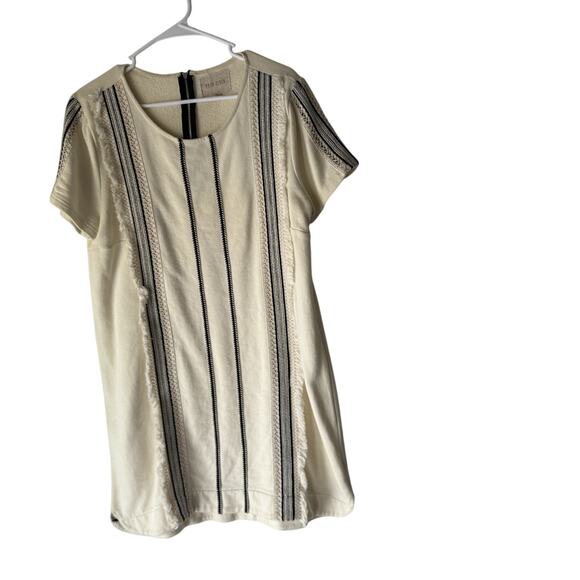 Moon River Dress Womens Medium Cream Black‎ Fringe Boho Short Sleeve Mini Dress - Picture 1 of 11